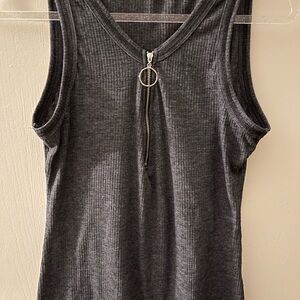 Gray Sleeveless Ribbed Top with Zipper